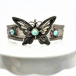 Antique Silver Bracelet BUTTERFLY BLUE OPAL Mesh band size MED/ LRG NEW